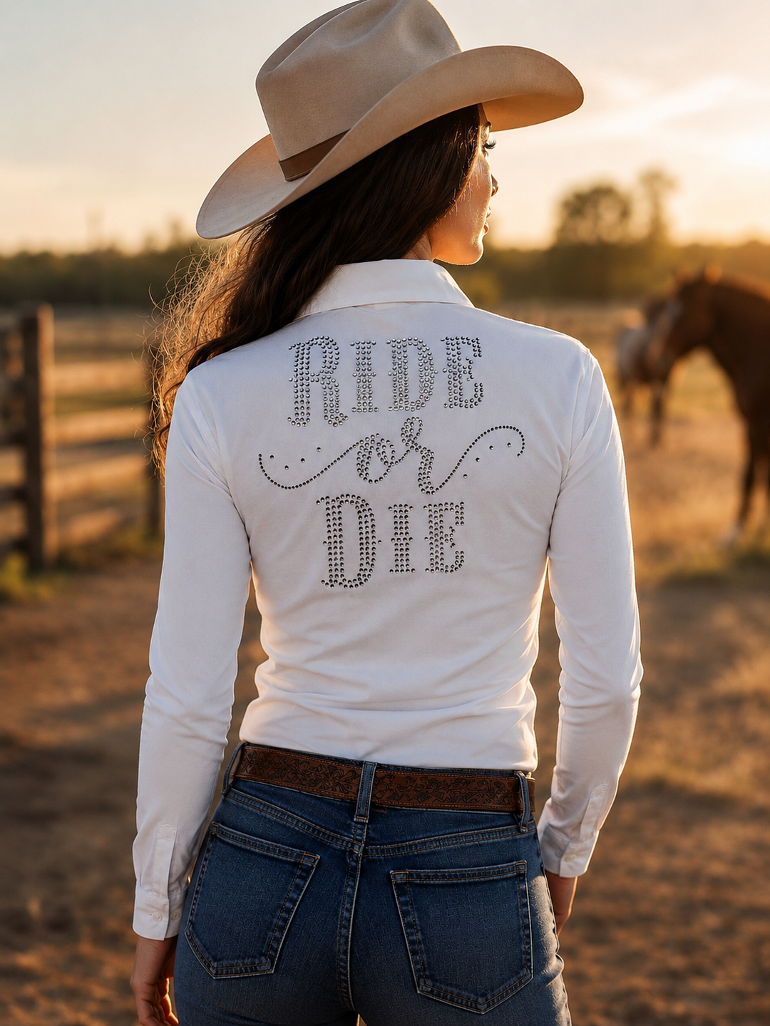 Ride Or Die Rhinestone Button Up 4 Way Stretch Rodeo Shirt -White Neon Spur