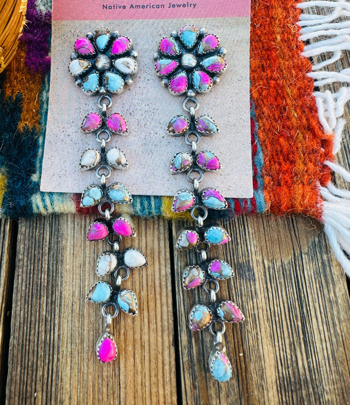 Handcrafted Cotton Candy Turquoise & Sterling Silver Cluster Dangle Earrings by Pearlene Spencer