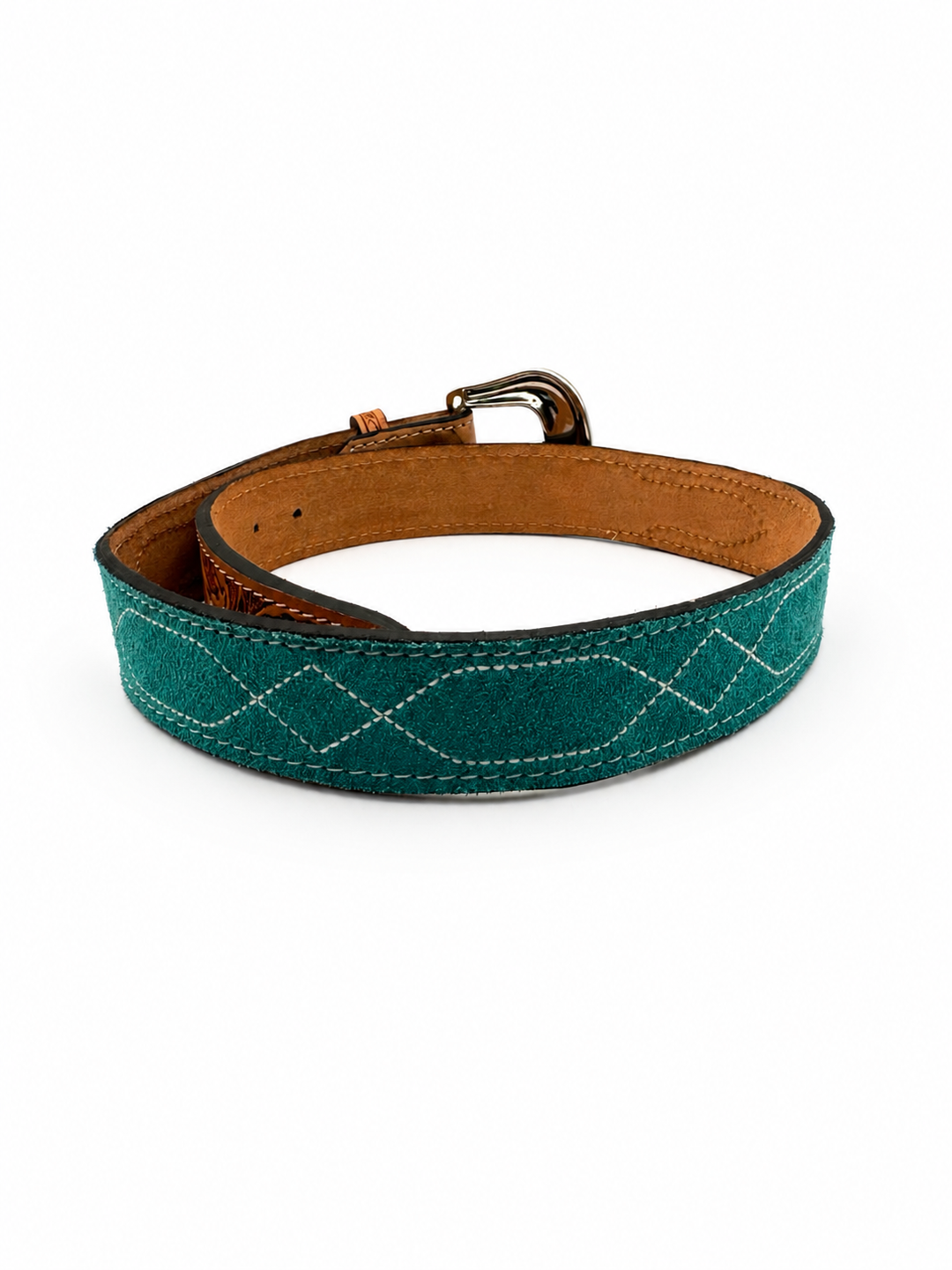 Western Stitch Genuine Suede & Hand Tooled Leather Belt -Turquoise Neon Spur