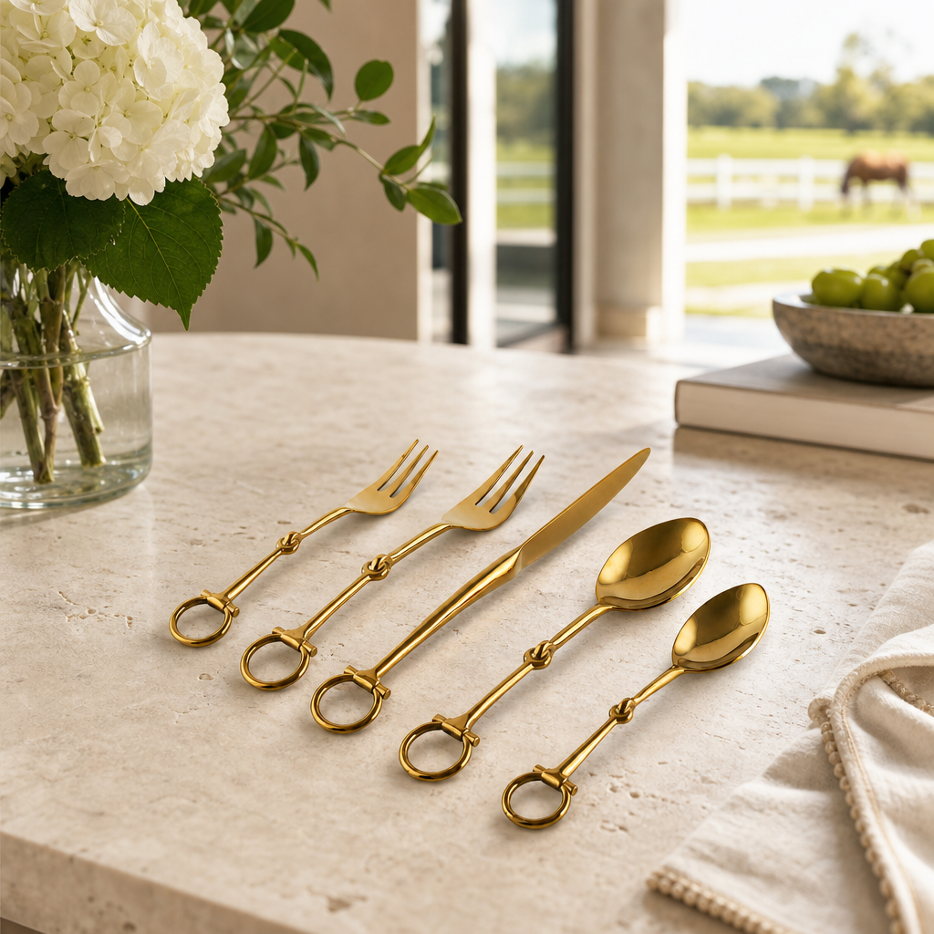 Bit  Five piece Flatware Set - Stainless Steel Shiny Gold Vagabond House