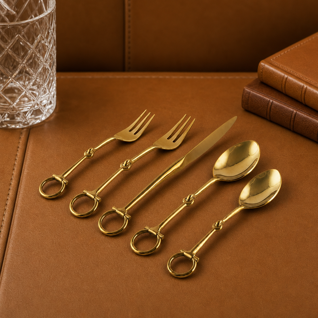 Bit  Five piece Flatware Set - Stainless Steel Shiny Gold Vagabond House