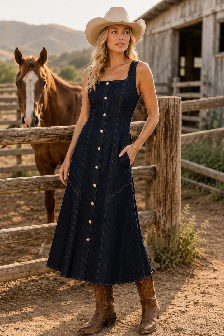 Chelsea Denim Midi Dress Flying Tomato