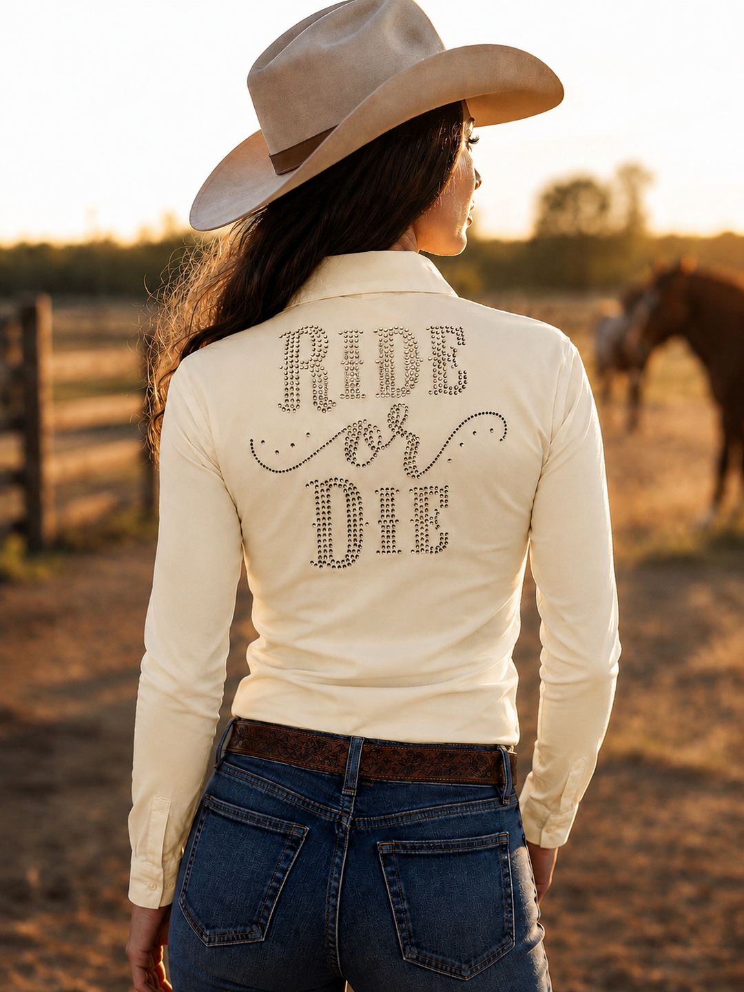 Ride Or Die Rhinestone Button Up 4 Way Stretch Rodeo Shirt -Vanilla Cream Neon Spur
