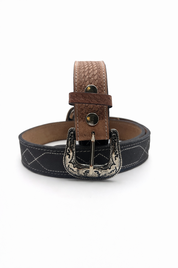 Western Stitch Genuine Suede & Hand Tooled Leather Belt -Dark Brown Neon Spur