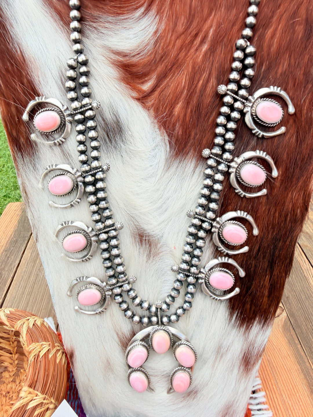 Handcrafted Sterling Silver & Queen Pink Conch Squash Blossom Necklace Set Nizhoni Traders LLC
