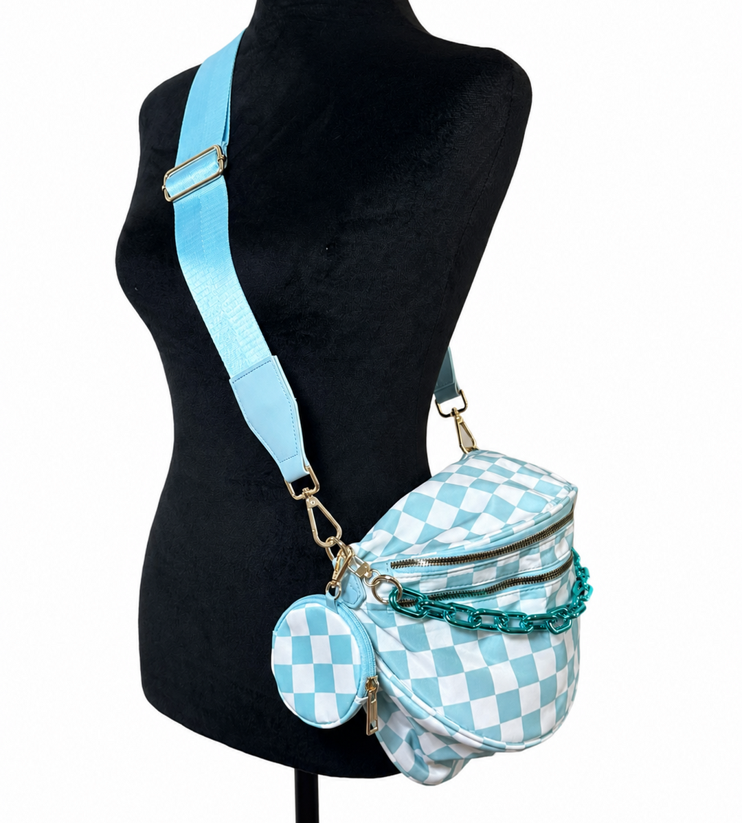 Turquoise Alley Checkered Crescent Crossbody Bag w/ Chain Neon Spur
