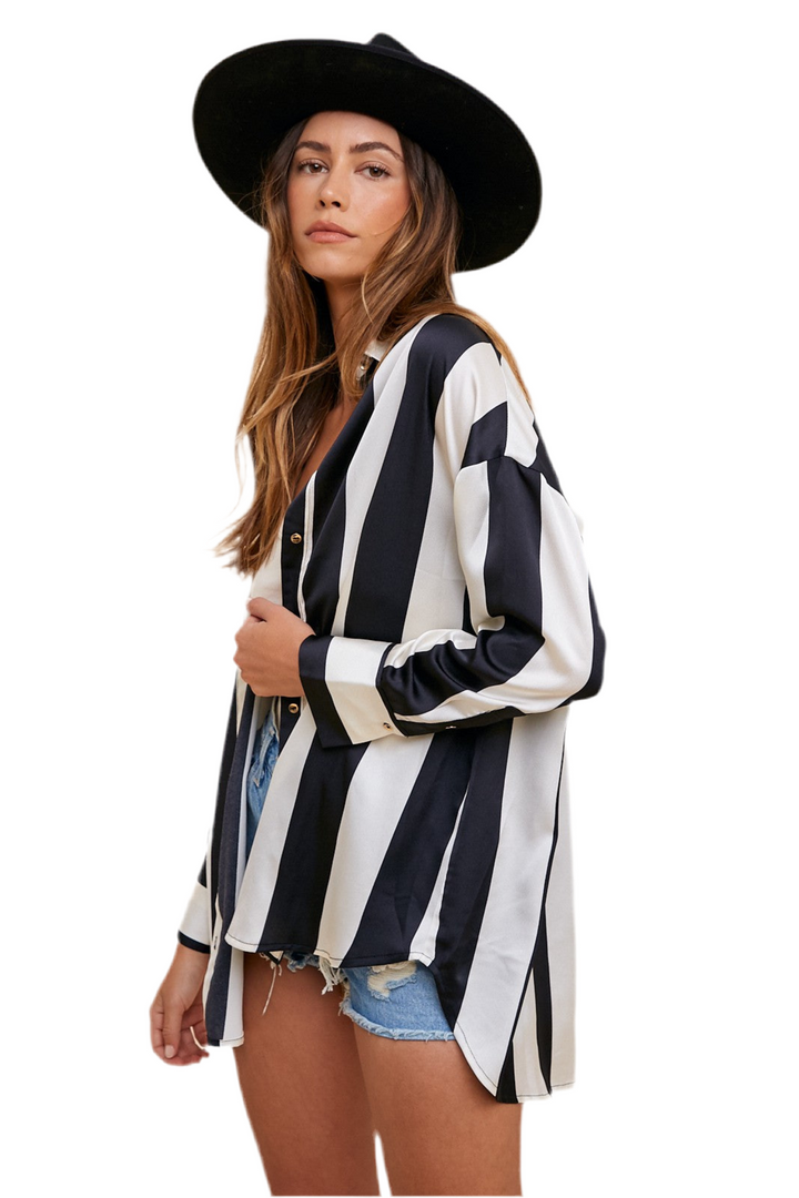 Annie Striped Dropped Shoulder Button-Up Shirt