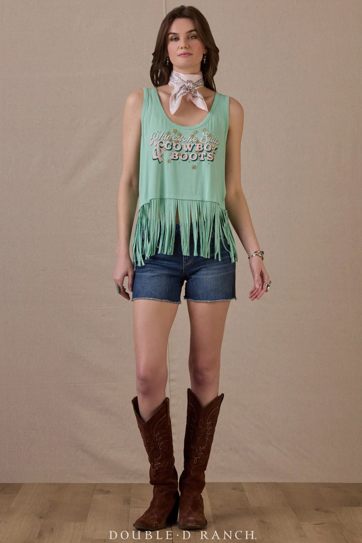 Double D Ranch Rhinestone Suits & Cowboy Boots Fringe Tank Top Neon Spur