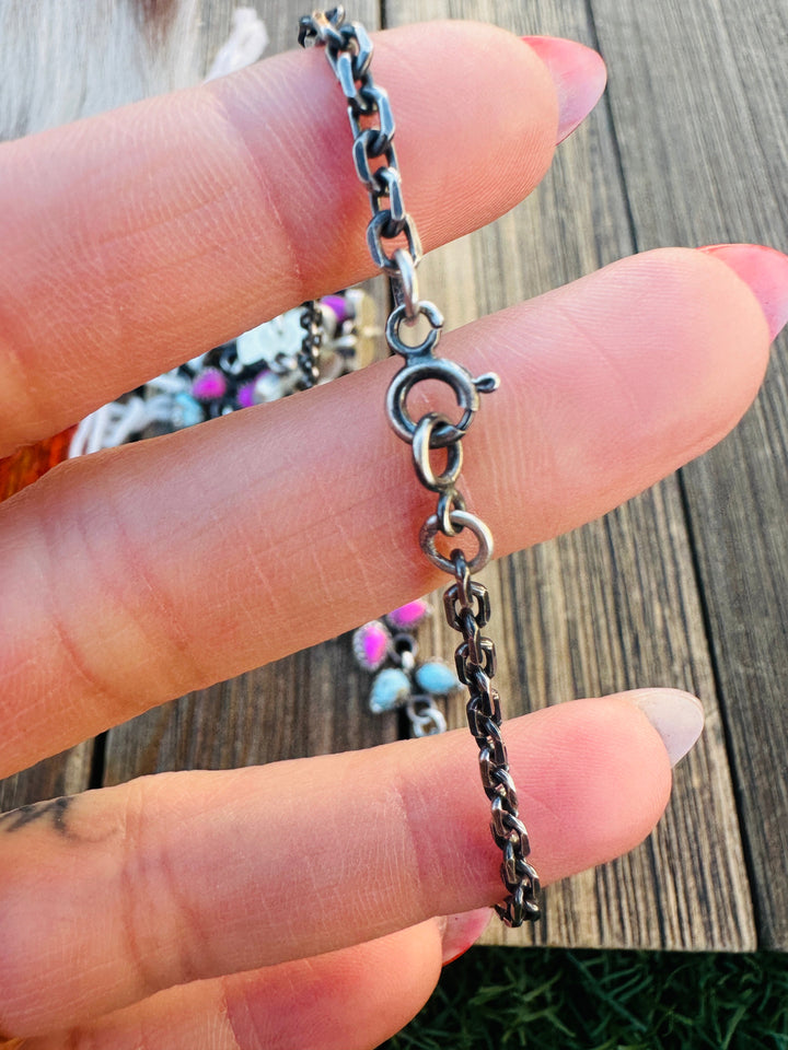 Handcrafted Cotton Candy Turquoise & Sterling Silver Flower Cluster Necklace by Pearlene Spencer