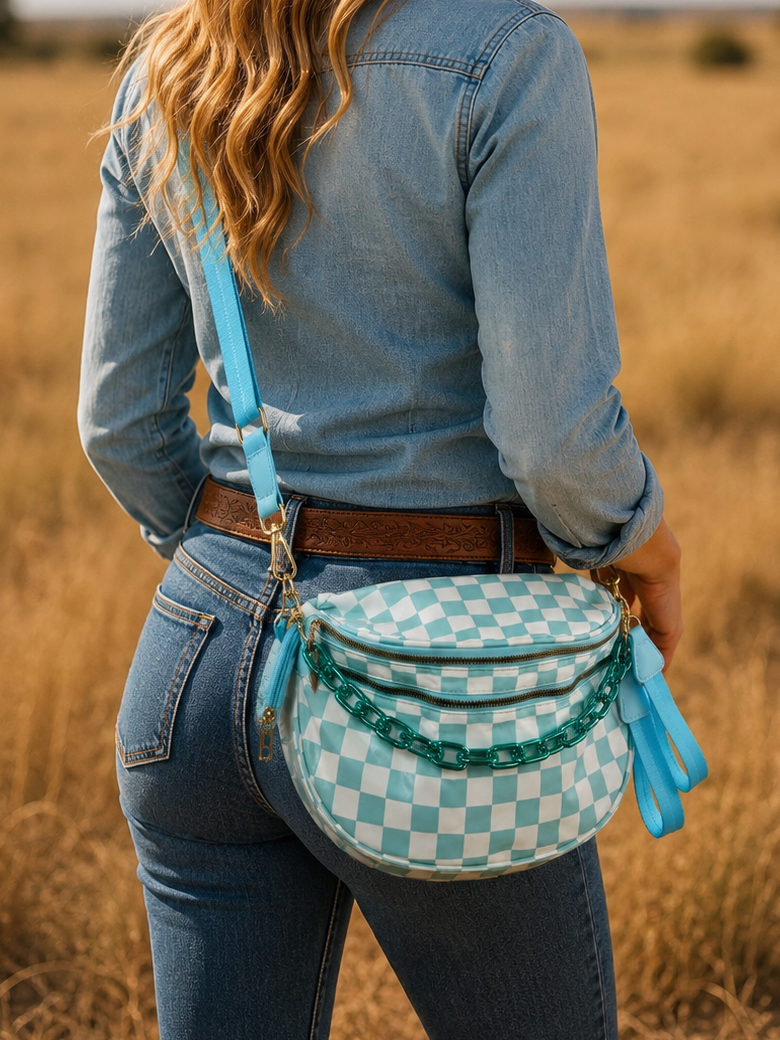 Turquoise Alley Checkered Crescent Crossbody Bag w/ Chain Neon Spur