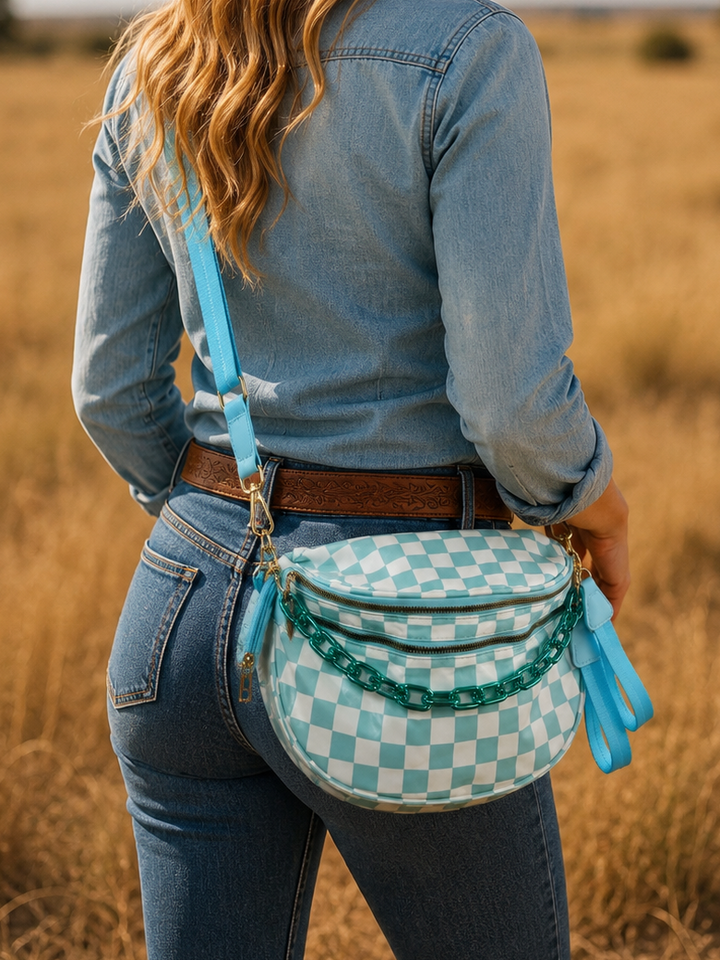 Turquoise Alley Checkered Crescent Crossbody Bag w/ Chain Neon Spur