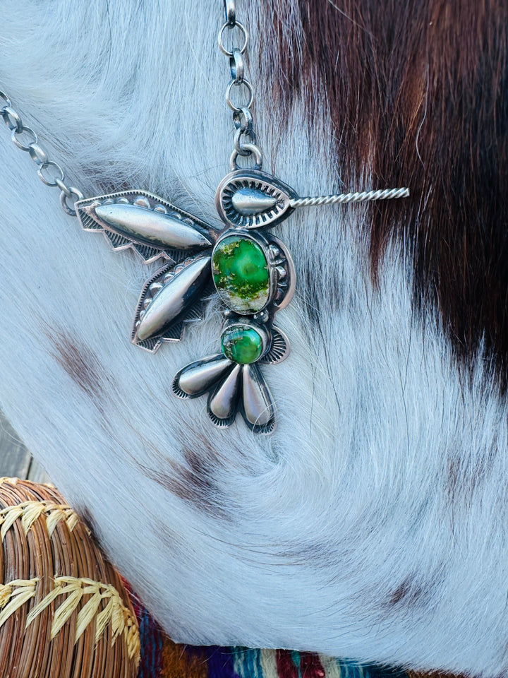 Handcrafted Sonoran Gold Turquoise & Sterling Silver Hummingbird Necklace by Charles Johnson
