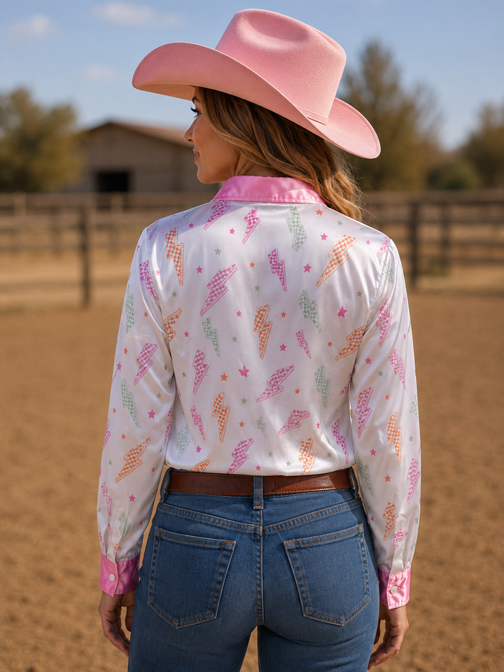 Plaid Lightning Satin Button Up Rodeo Shirt Blouse Neon Spur