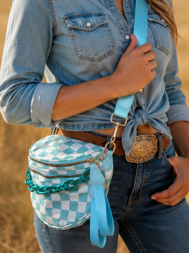 Turquoise Alley Checkered Crescent Crossbody Bag w/ Chain Neon Spur