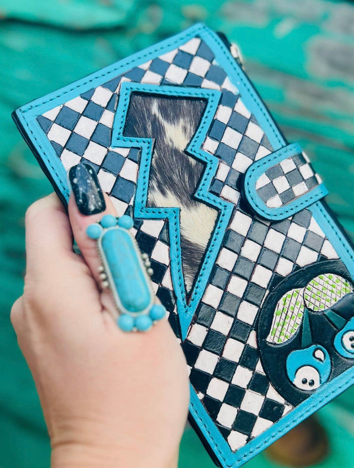 Turquoise Electric Rodeo Checkers Long Wallet Neon Spur