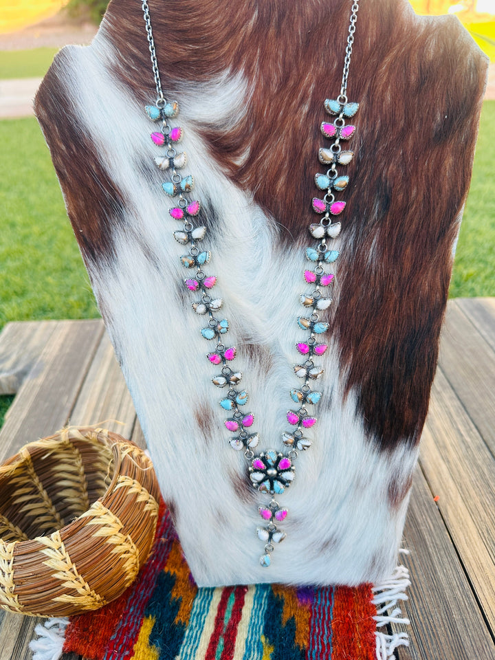 Handcrafted Cotton Candy Turquoise & Sterling Silver Flower Cluster Necklace by Pearlene Spencer