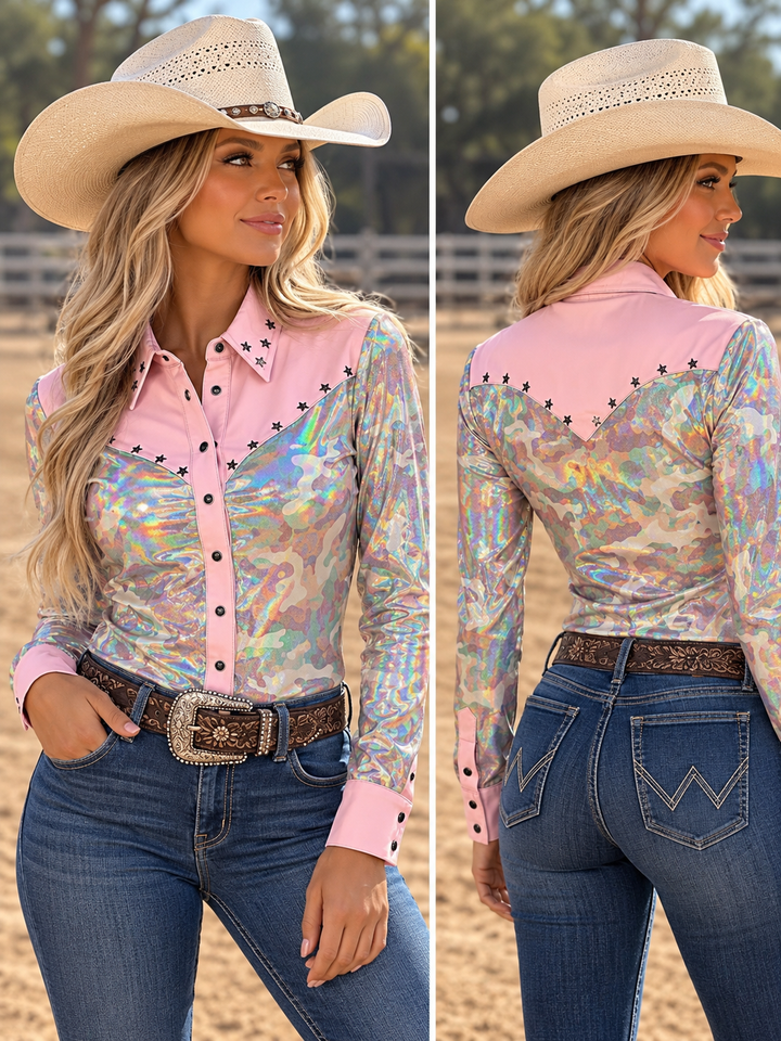 Bubblegum Camo Holographic Pearl Snap Rodeo Shirt