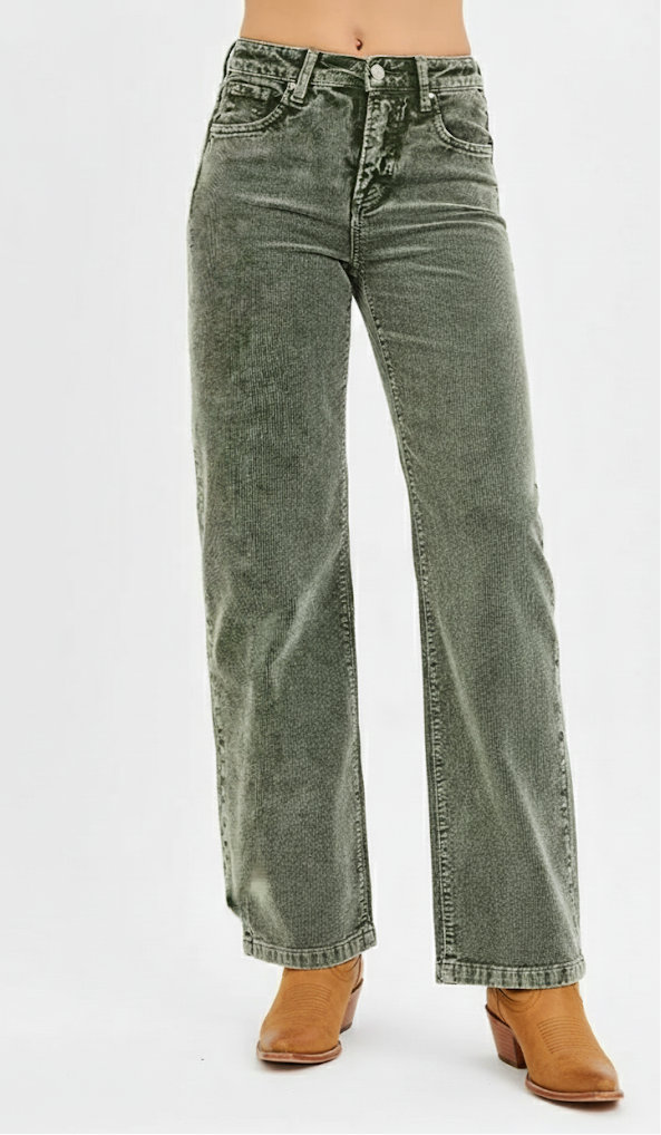 Risen Tummy Control Mid Rise Straight Leg Corduroy Pants