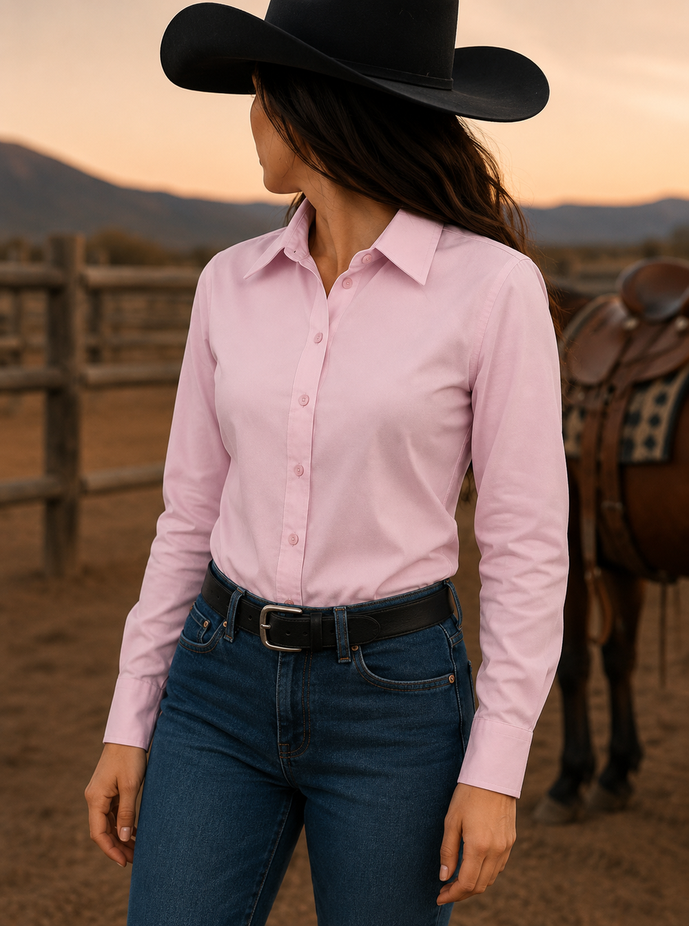 Black Crystal Turn & Burn Button-Up Rodeo Shirt -Pink Neon Spur