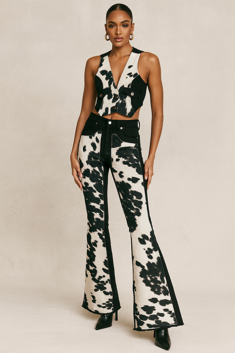 Rodeo Faux Cowhide Chap Panel Bell Bottom Jeans -Black Denim GJG DENIM