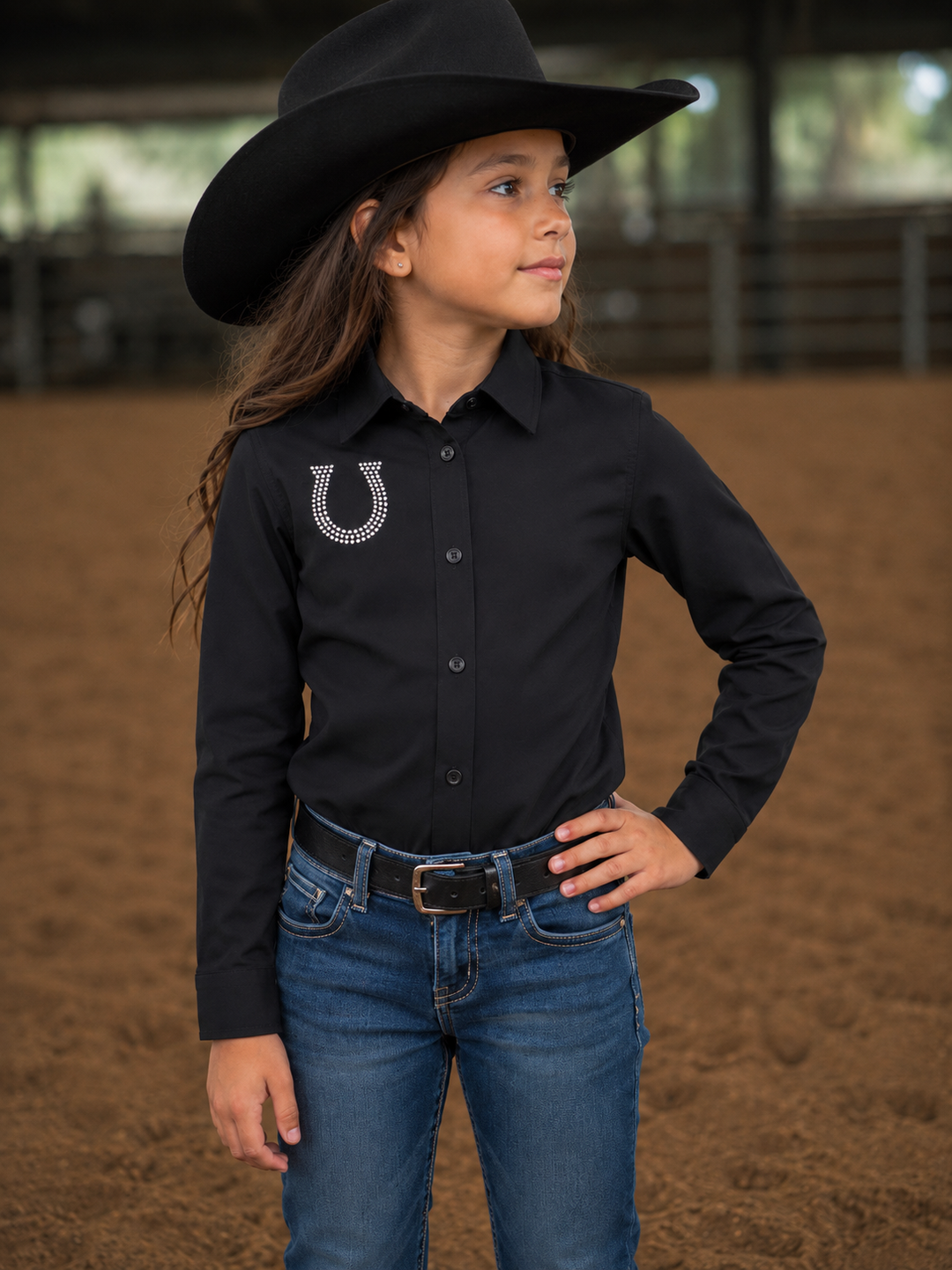 Lucky Charm Rhinestone Horseshoe Girls Button Up Rodeo Shirt Blouse -Black Neon Spur