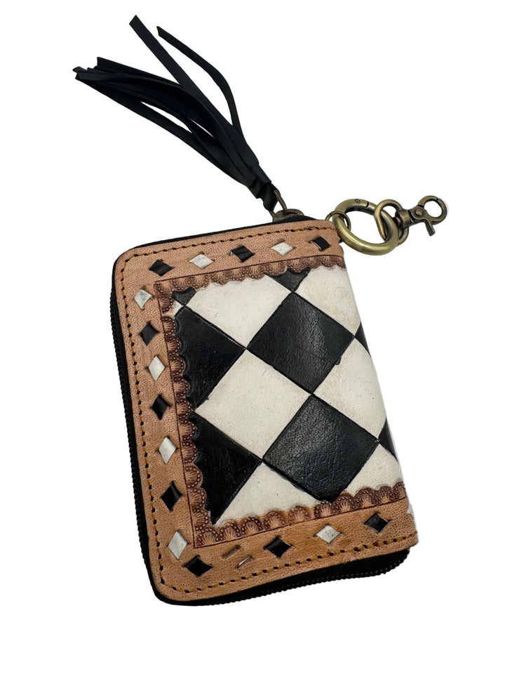 Leather Checkered Zip Wallet Keychain Neon Spur