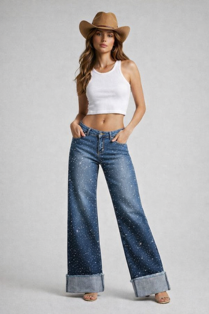 Luxe Low Rise Rhinestone Wide Leg Cuffed Jean -Medium Blue