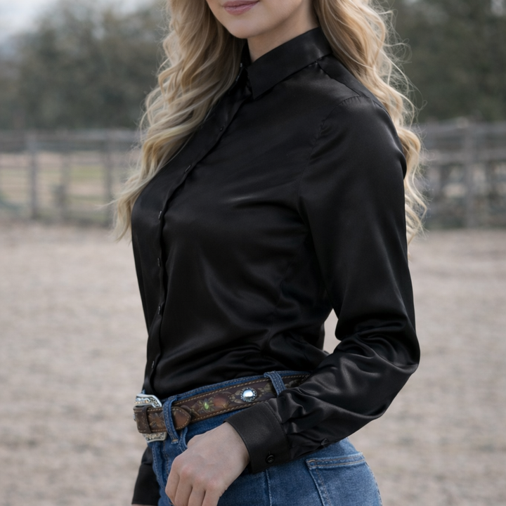 Noire Crystal Heart Satin Button Up Rodeo Shirt