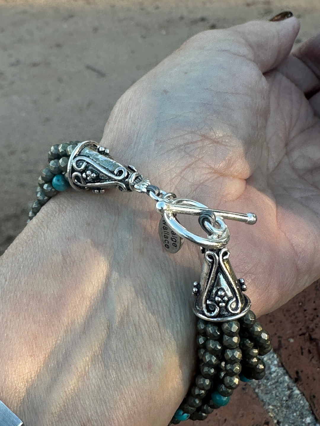 Paige Wallace Handmade Pyrite, Turquoise & Sterling Silver Beaded 8 Strand Bracelet