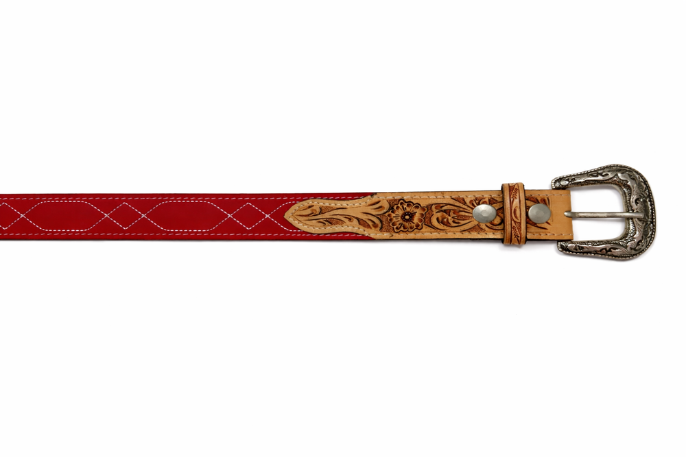 Western Stitch Genuine Suede & Hand Tooled Leather Belt -Red Neon Spur