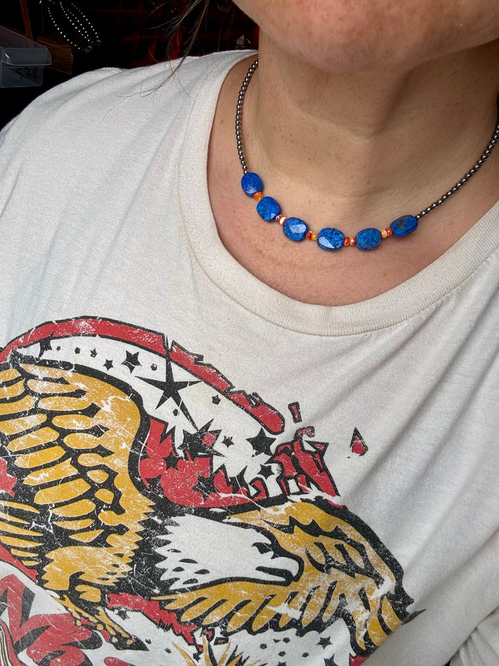 Sterling Silver & Spiny Oyster Choker with Lapis Necklace The Bijoux FAB Jewelry
