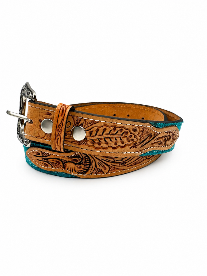 Western Stitch Genuine Suede & Hand Tooled Leather Belt -Turquoise Neon Spur