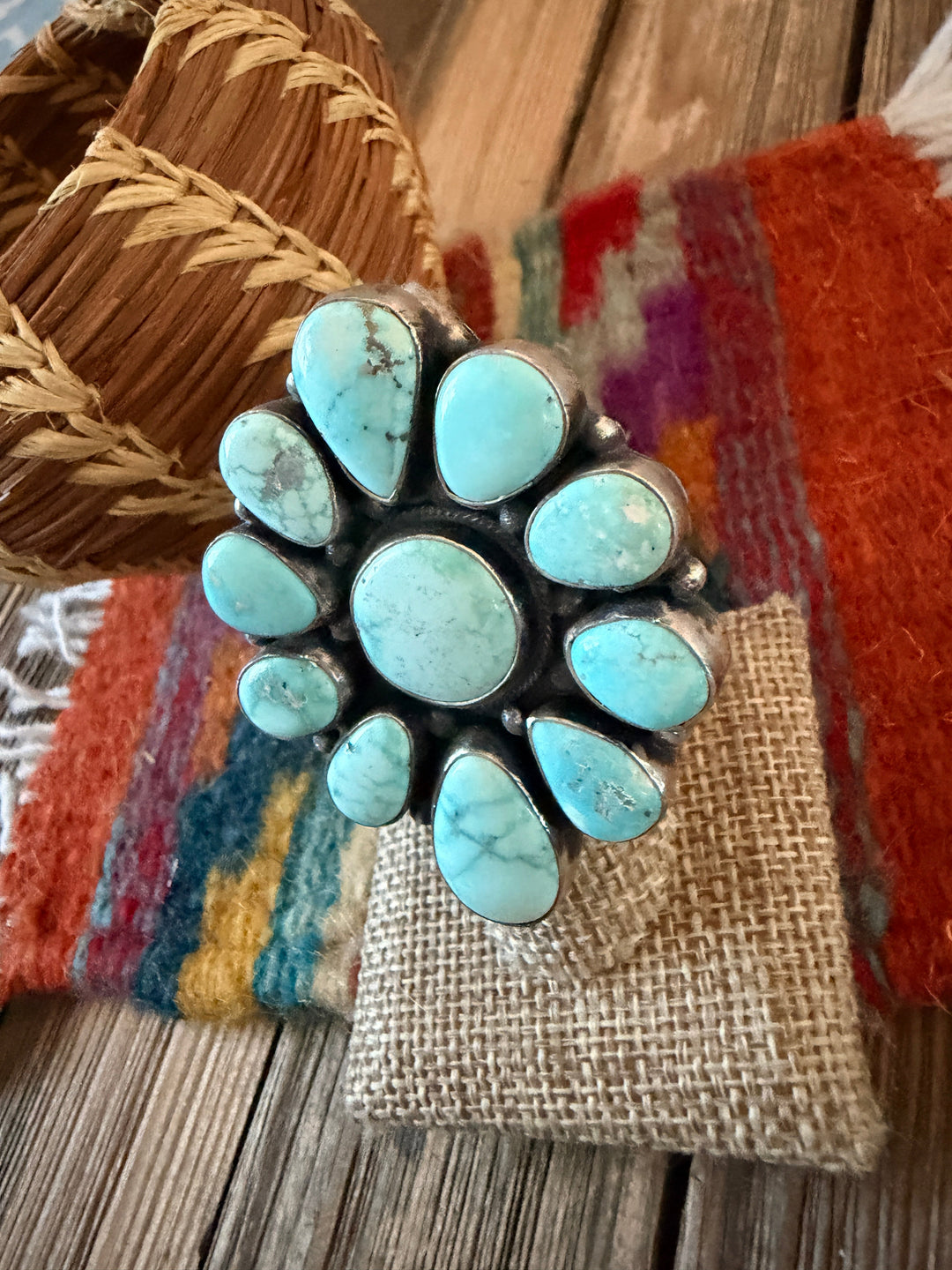 Handcrafted Carico Lake Turquoise & Sterling Silver Cluster Ring -Size 8.75 by Sheila Becenti Nizhoni Traders LLC