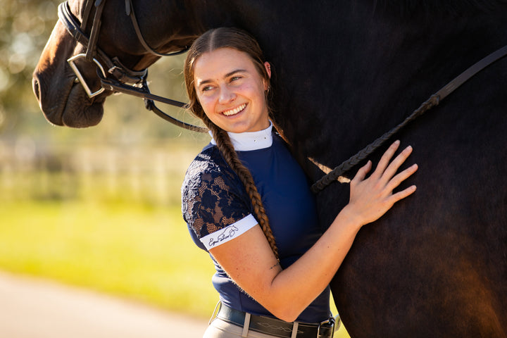 Short Sleeve Lace Riding Shirt- Navy