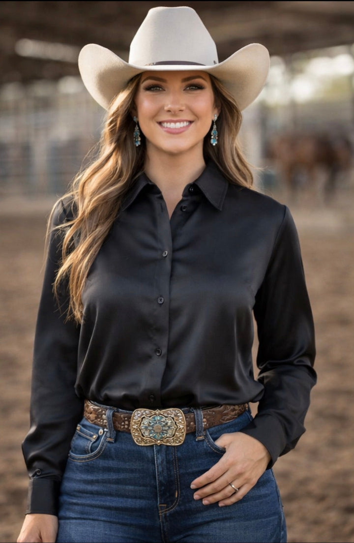 Midnight Glam Bow Button Up Rodeo Shirt -Matte Satin Blouse *Sample Sale* Neon Spur