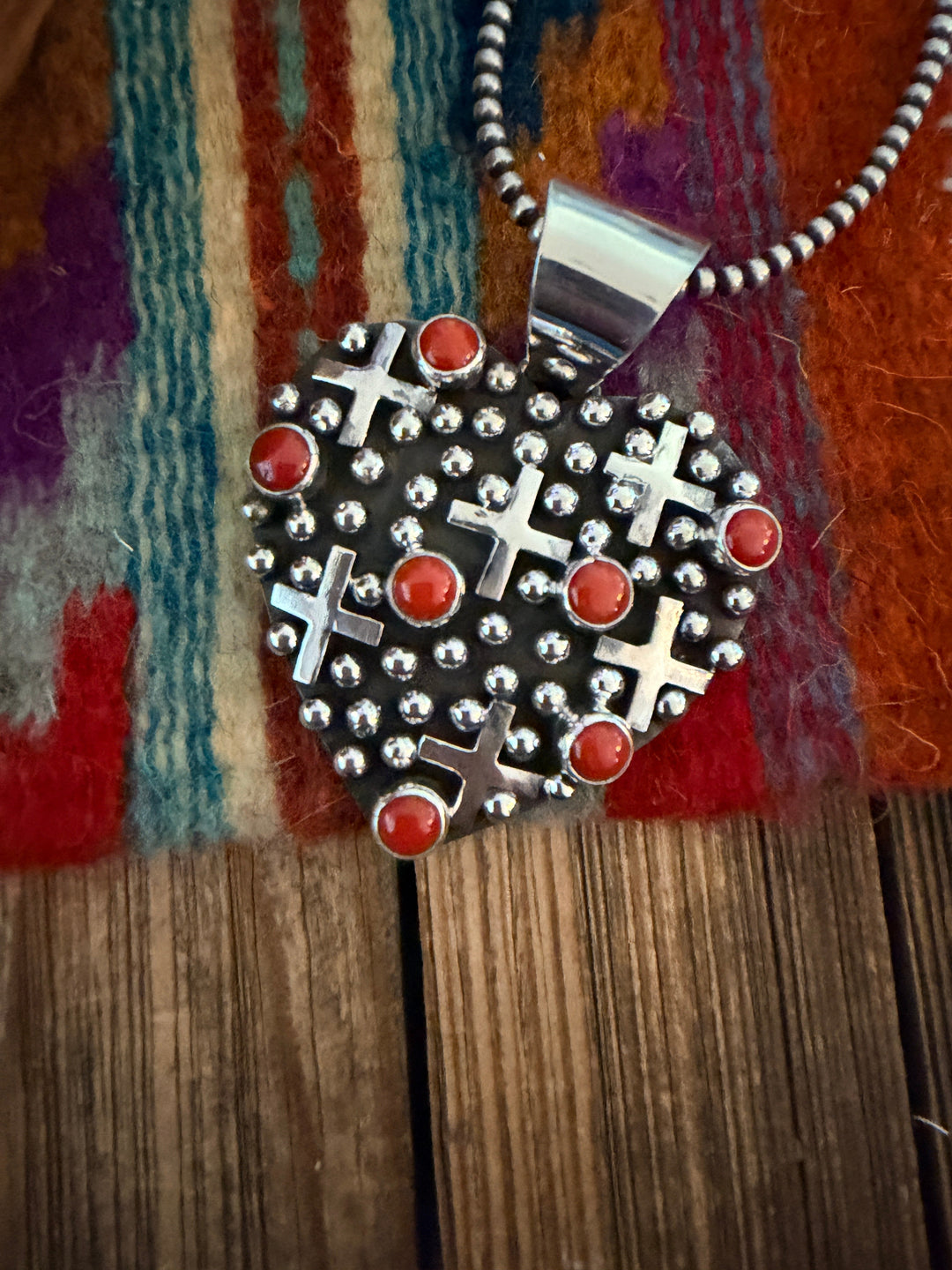 Handcrafted Coral & Sterling Silver Heart Cross Pendant by Geneva Apachito Nizhoni Traders LLC