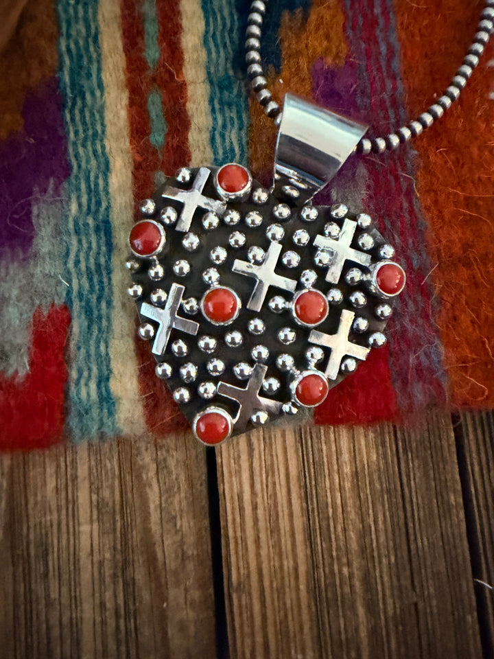 Handcrafted Coral & Sterling Silver Heart Cross Pendant by Geneva Apachito Nizhoni Traders LLC