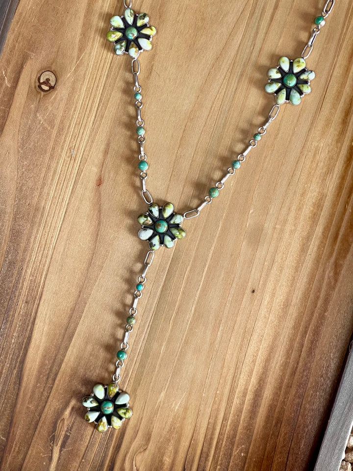 Handmade Sterling Silver & Palomino And Kingman Turquoise Cluster Lariat Necklace