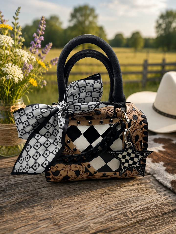 Luxe Tooled Leather Starry Night Rhinestone Stud Checkered Speedy Bag Neon Spur