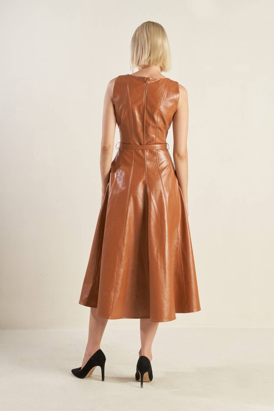 Lunar Symphony Faux Leather Midi Dress