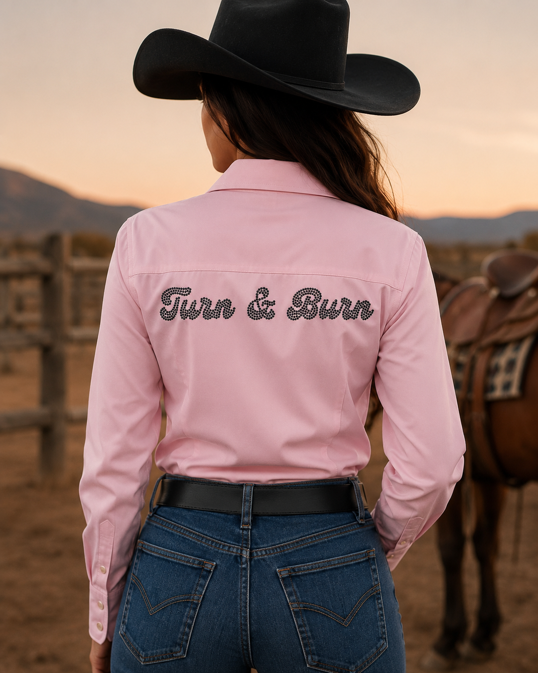 Black Crystal Turn & Burn Button-Up Rodeo Shirt -Pink Neon Spur