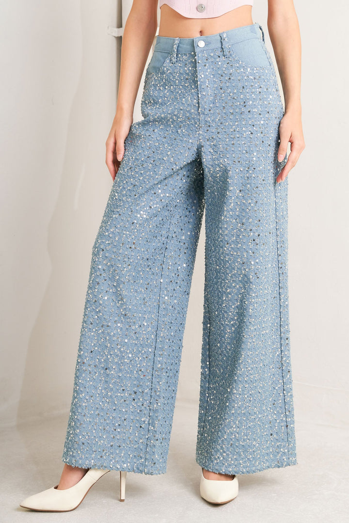 Loving Everyday Sequin Wide Leg Denim Pants