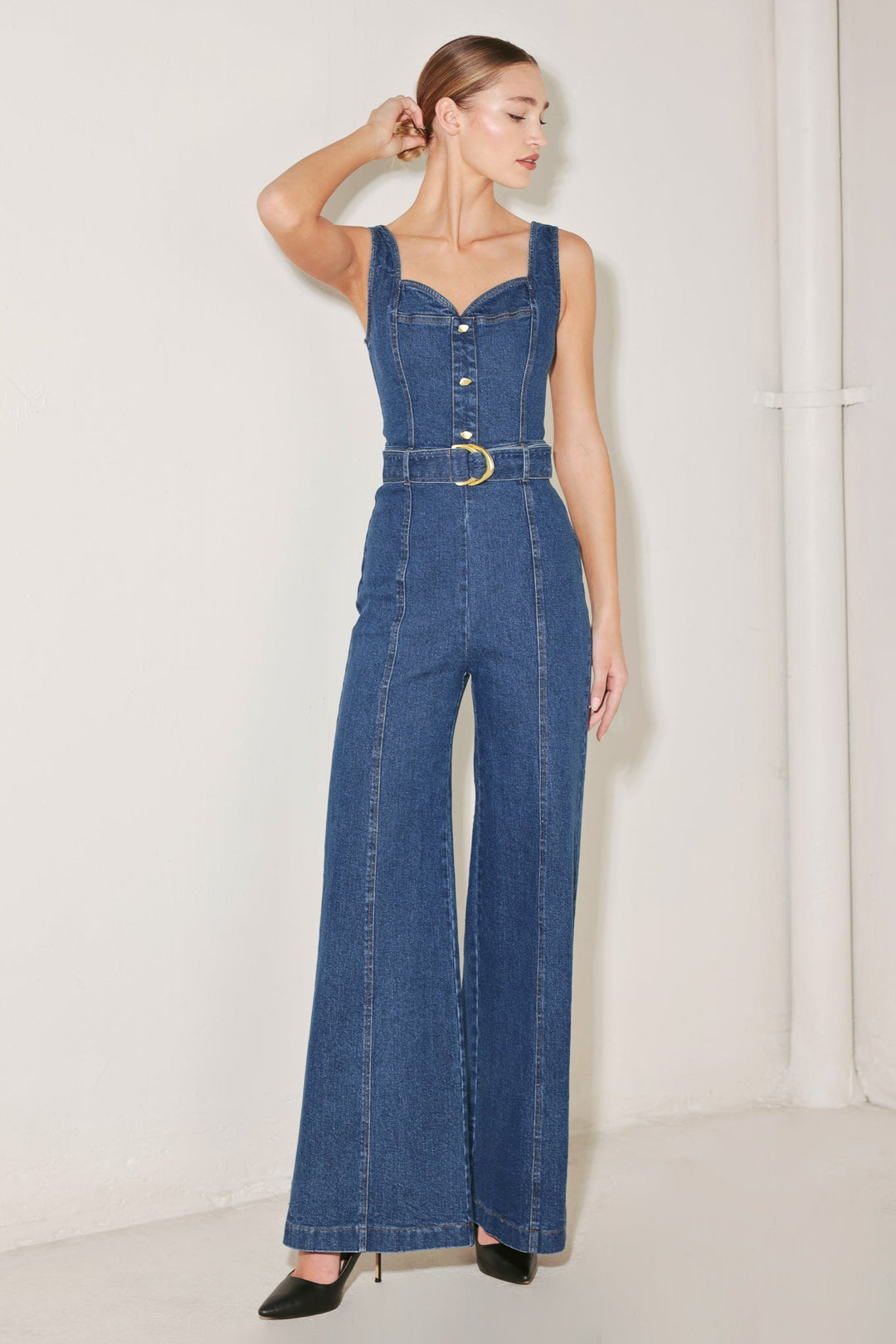 Denim Sweetheart Belted Jumpsuit