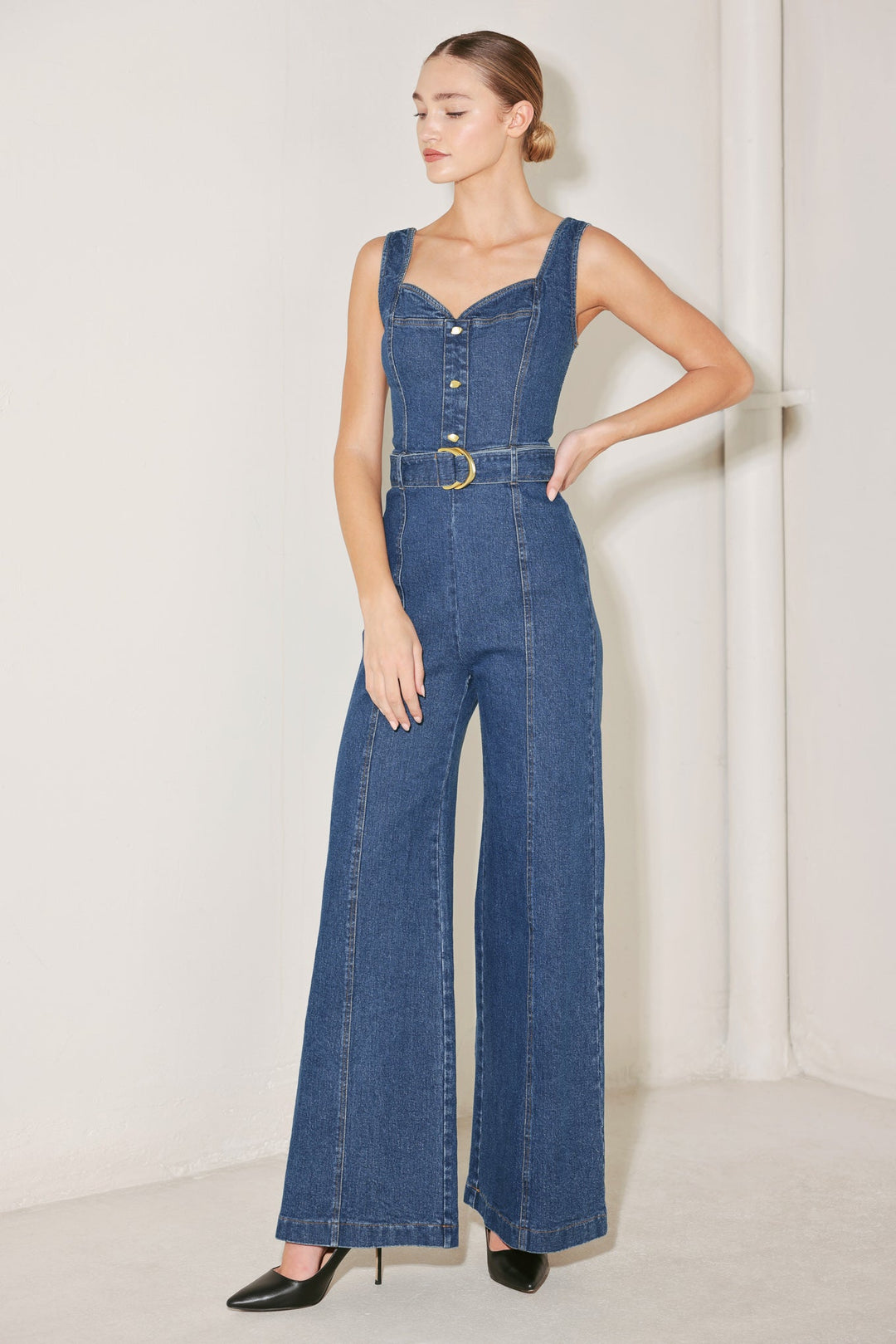 Denim Sweetheart Belted Jumpsuit