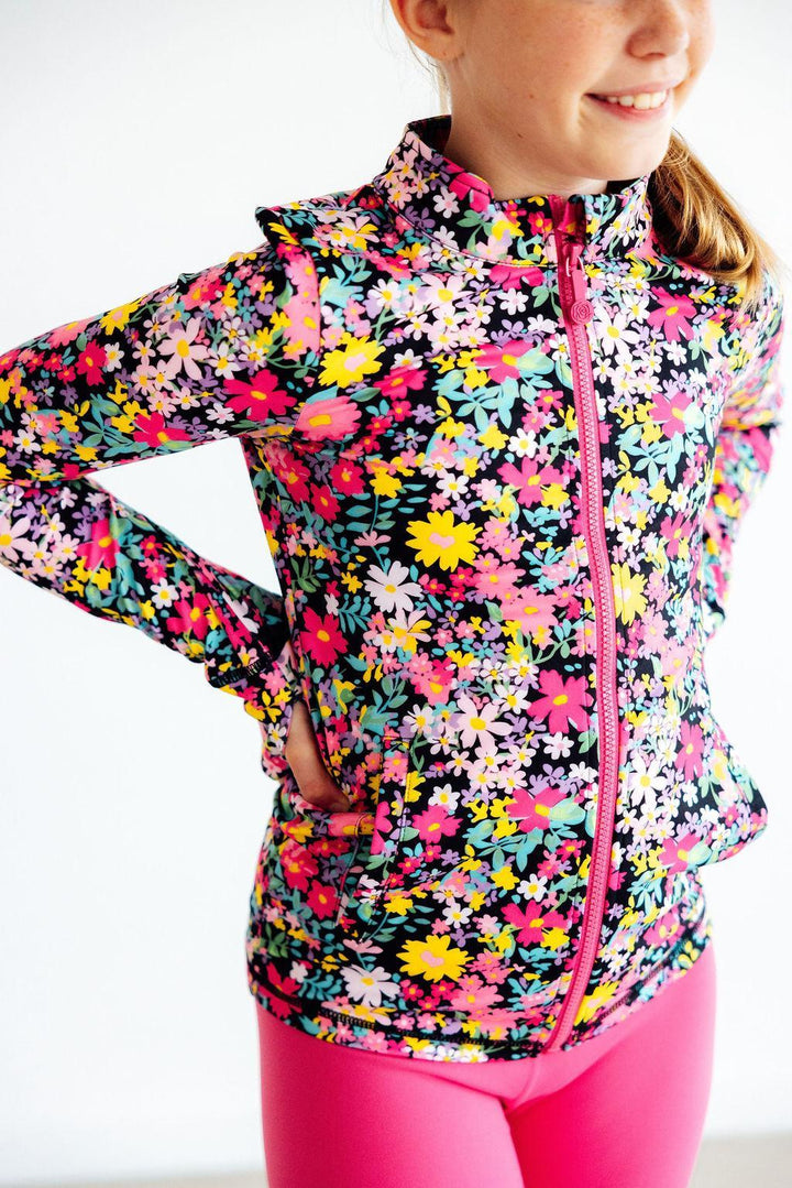 Girls Flexible Floral Full-Zip Ruffle Active Jacket