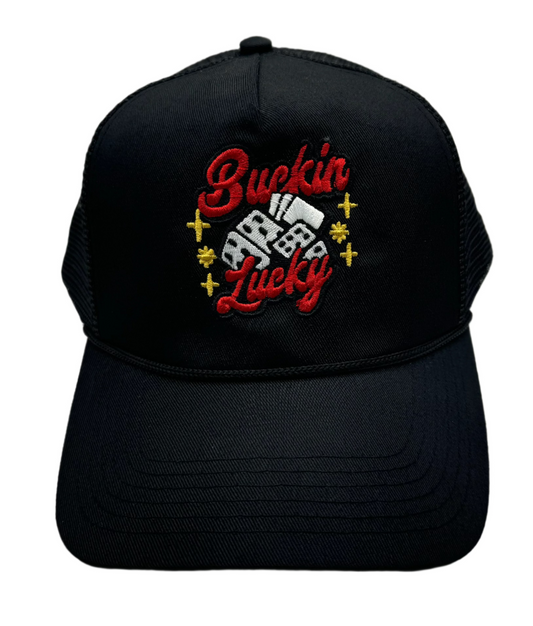 Buckin Lucky Embroidered Five-Panel Trucker Hat