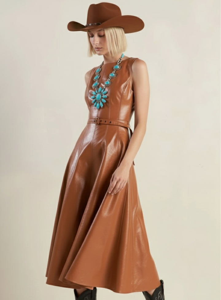 Lunar Symphony Faux Leather Midi Dress