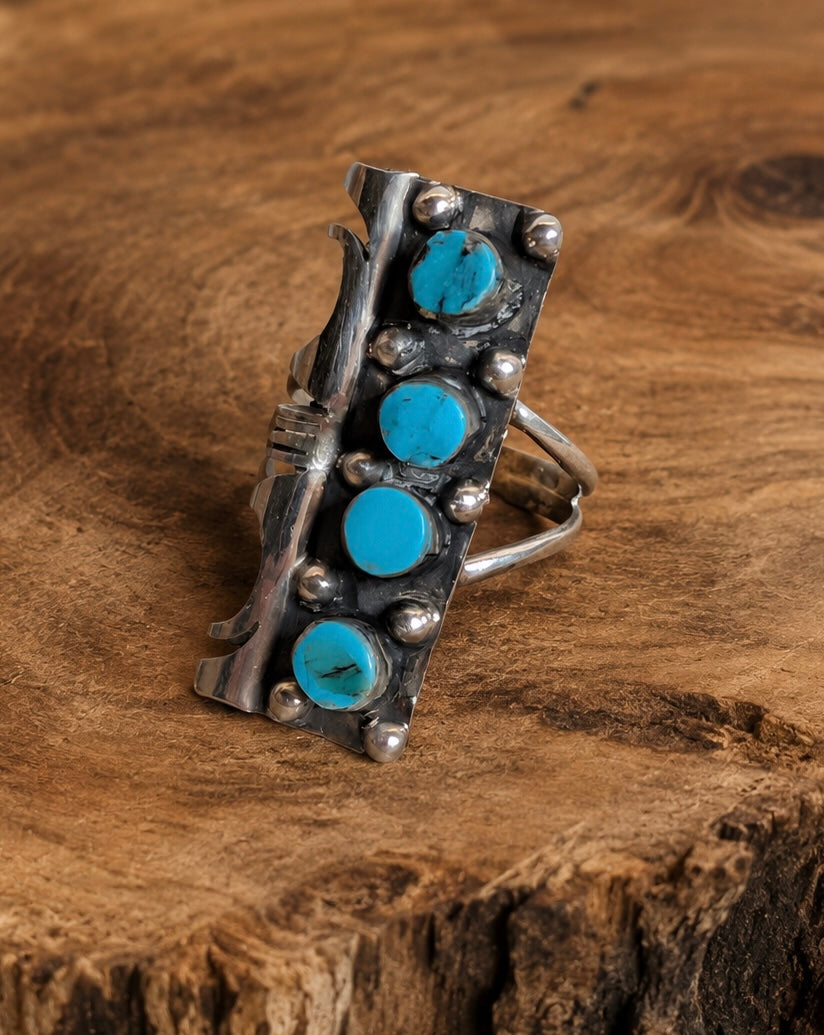 Handcrafted Kingman Turquoise Four Stone Sterling Silver Statement Ring Size 7 Nizhoni Traders LLC