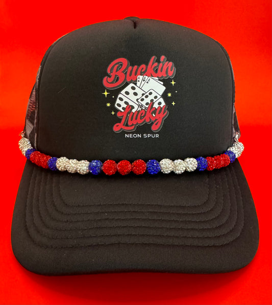 Buckin Lucky Graphic Trucker Hat w/ Patriotic Crystal Chain