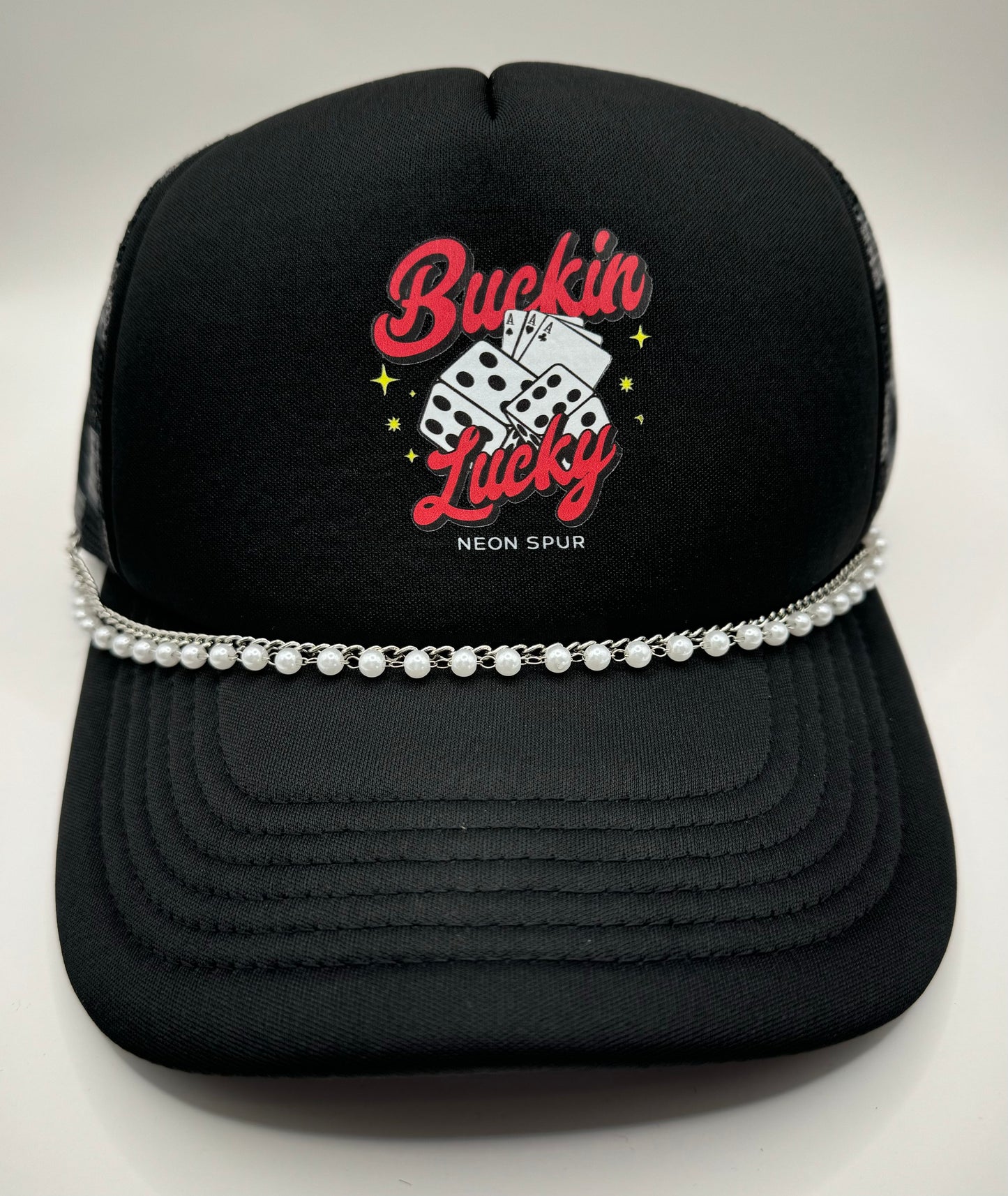 Buckin Lucky Checkered Mesh Trucker Hat w/ Pearl Chain